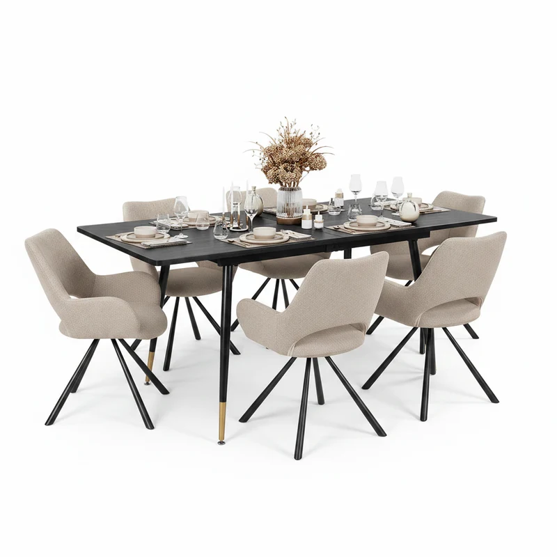 Ensemble de salle à manger comprenant une table extensible et 6 fauteuil en tissu beige