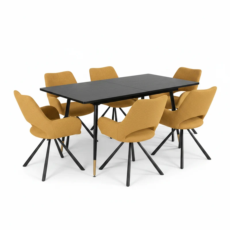 Ensemble de salle à manger comprenant une table extensible et 6 fauteuil en tissu jaune