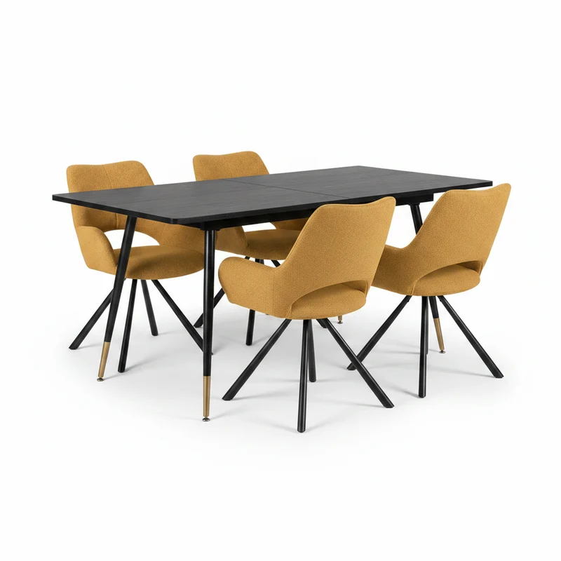 Ensemble de salle à manger comprenant une table extensible et 4 fauteuil en tissu jaune