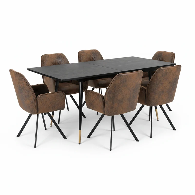 Ensemble de salle à manger comprenant une table extensible et 6 fauteuil pivotant confortables en suédine