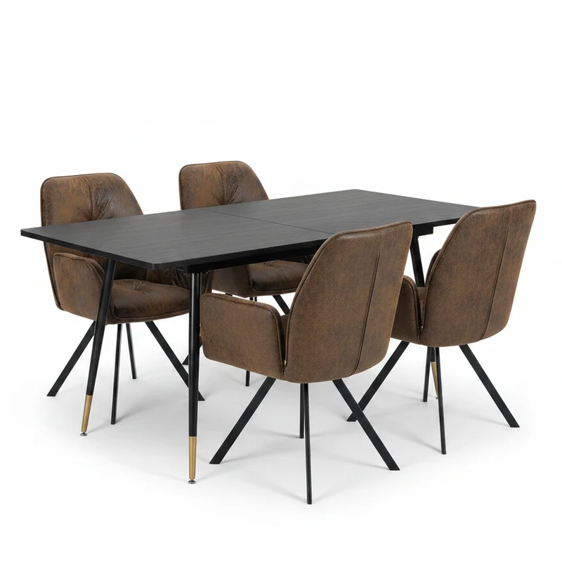 Ensemble de salle à manger comprenant une table extensible et 4 fauteuil pivotant confortables en suédine