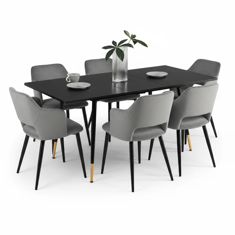 Ensemble de salle à manger comprenant une table extensible et 6 fauteuils avec accoudoirs en tissu gris