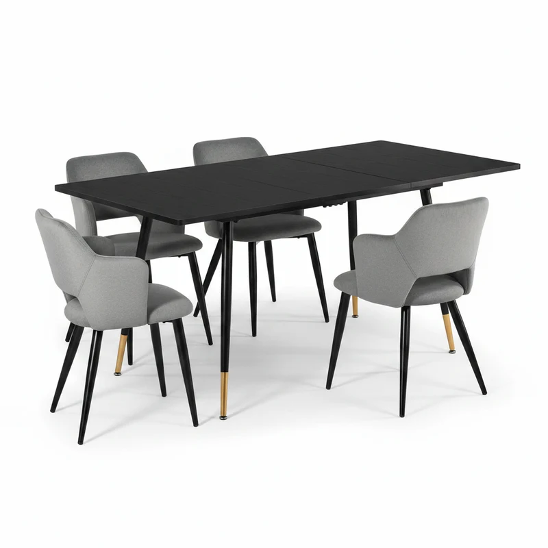 Ensemble de salle à manger comprenant une table extensible et 4 fauteuils avec accoudoirs en tissu gris