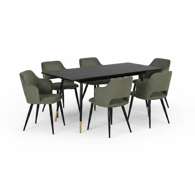 Ensemble de salle à manger comprenant une table extensible et 6 fauteuils avec accoudoirs en tissu vert
