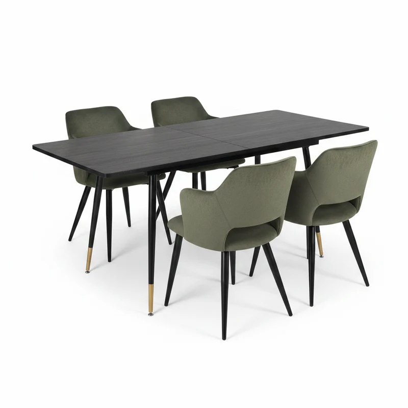 Ensemble de salle à manger comprenant une table extensible et 4 fauteuils avec accoudoirs en tissu vert