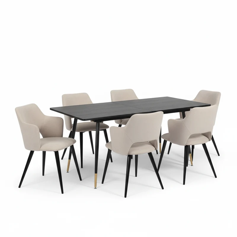 Ensemble de salle à manger comprenant une table extensible et 6 fauteuils avec accoudoirs en tissu beige