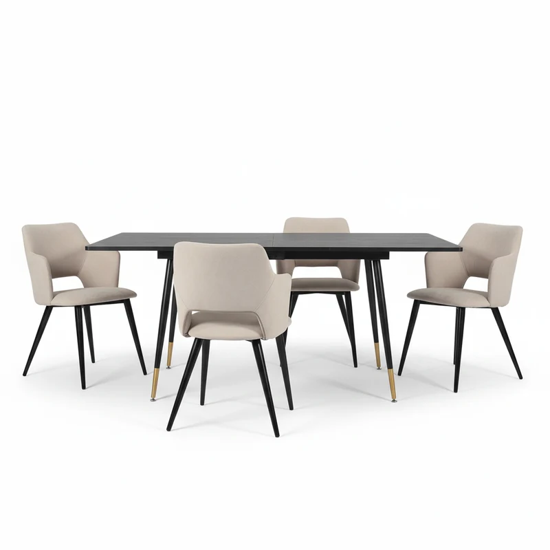 Ensemble de salle à manger comprenant une table extensible et 4 fauteuils avec accoudoirs en tissu beige
