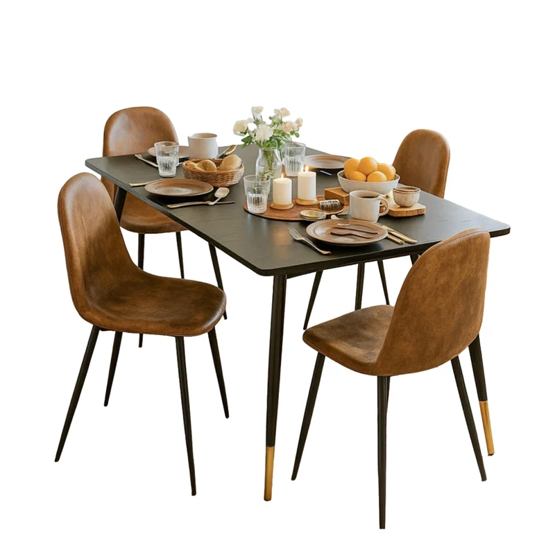 Ensemble de salle à manger de style scandinave comprenant une table extensible noire et 4 chaises en suédine marron