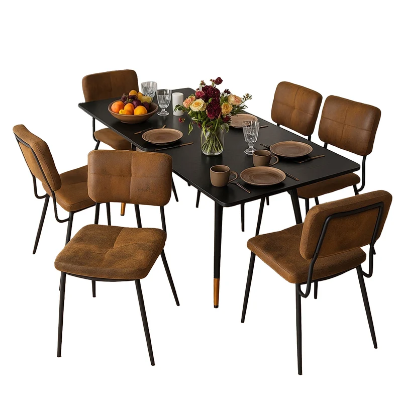 Ensemble de salle à manger comprenant une table extensible et 6 chaises de salle à manger industrielles en suédine