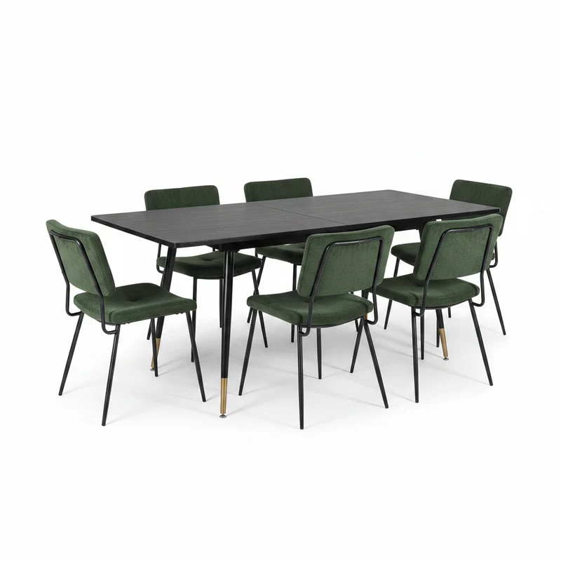 Ensemble de salle à manger comprenant une table extensible et 6 chaises de salle à manger industrielles en tissu vert