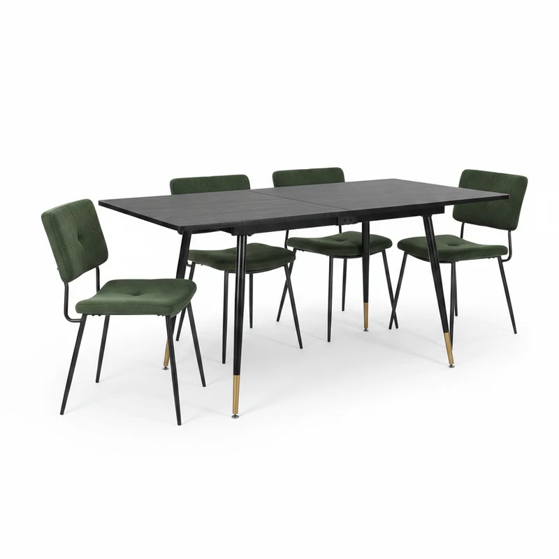 Ensemble de salle à manger comprenant une table extensible et 4 chaises de salle à manger industrielles en tissu vert