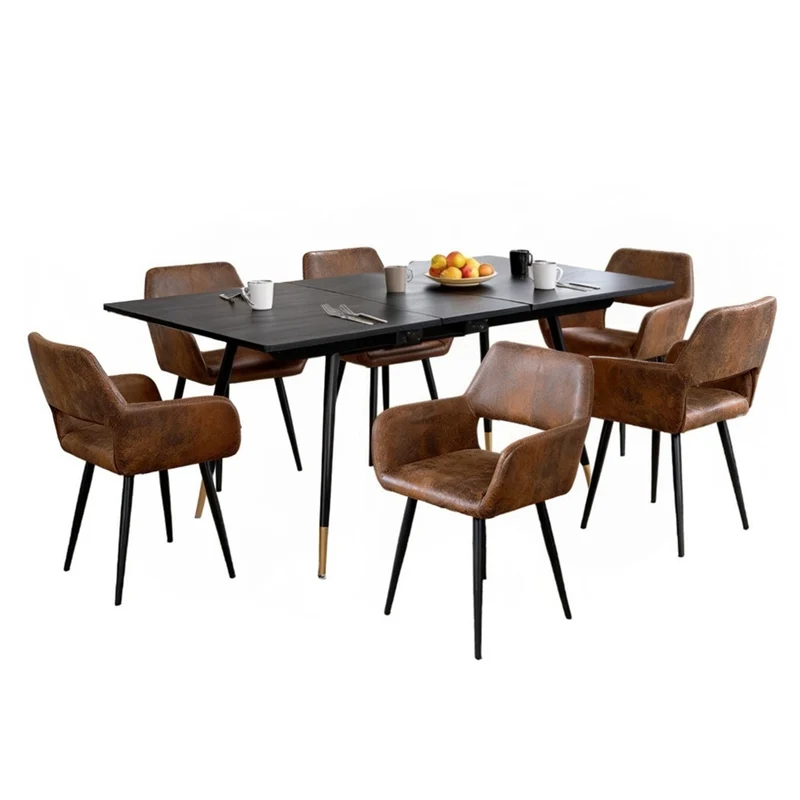 Ensemble de salle à manger comprenant une table extensible et 6 chaises avec accoudoirs en suédine marron