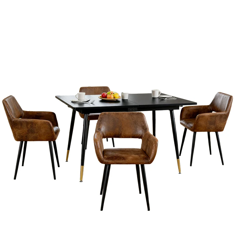 Ensemble de salle à manger comprenant une table extensible et 4 chaises avec accoudoirs en suédine marron