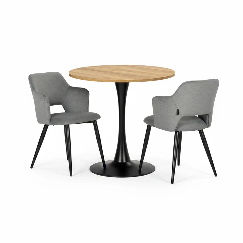 Ensemble de salle à manger de style scandinave composé d'une table ronde en chêne et de 2 fauteuils en tissu gris