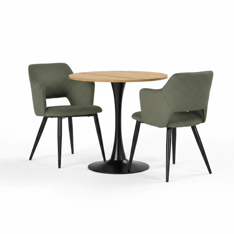 Ensemble de salle à manger de style scandinave composé d'une table ronde en chêne et de 2 fauteuils en tissu vert