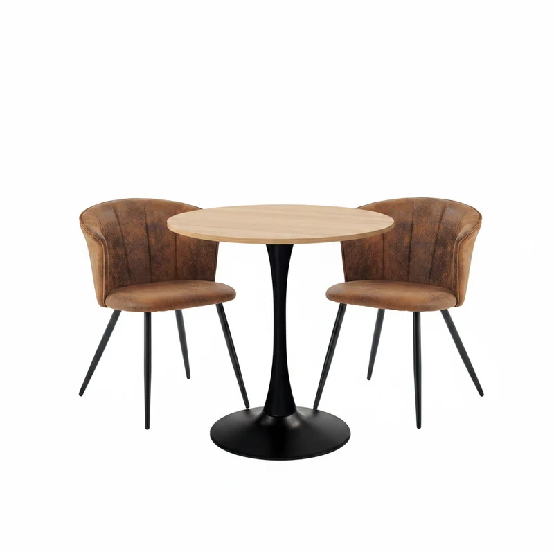 Ensemble de salle à manger de style vintage composé d'une table ronde en chêne et de 2 fauteuils en suédine marron