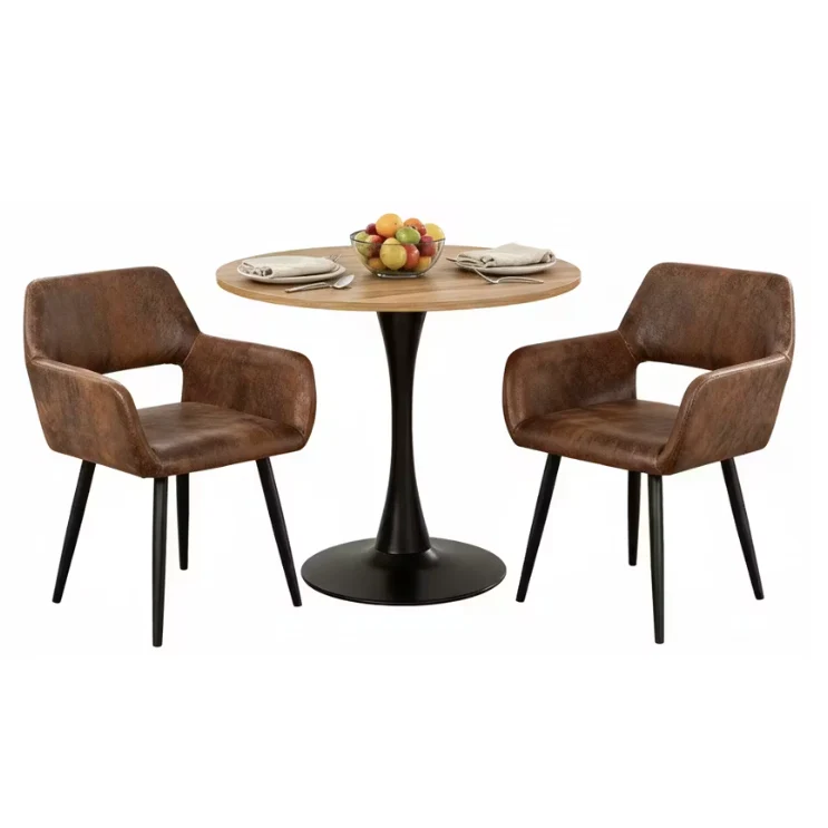 Ensemble de salle à manger de style scandinave composé d'une table ronde en chêne et de 2 fauteuils en suédine marron