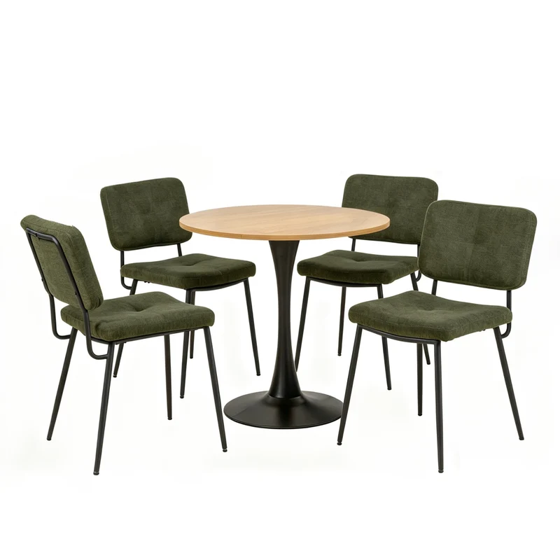 Ensemble de salle à manger de style scandinave composé d'une table ronde en chêne et de 4 chaises en tissu vert