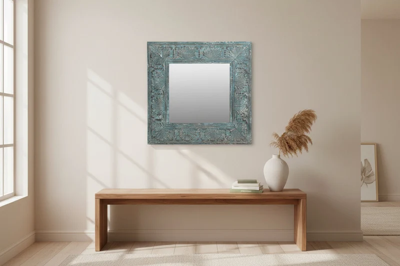 Agra- Miroir Carré 102cm Teck Recyclé Métal - Design Industriel Vintage