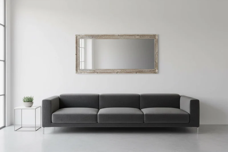 Goa — Grand Miroir Rectangulaire en Teck Blanchi & Incrustations Métal 157 × 77 cm