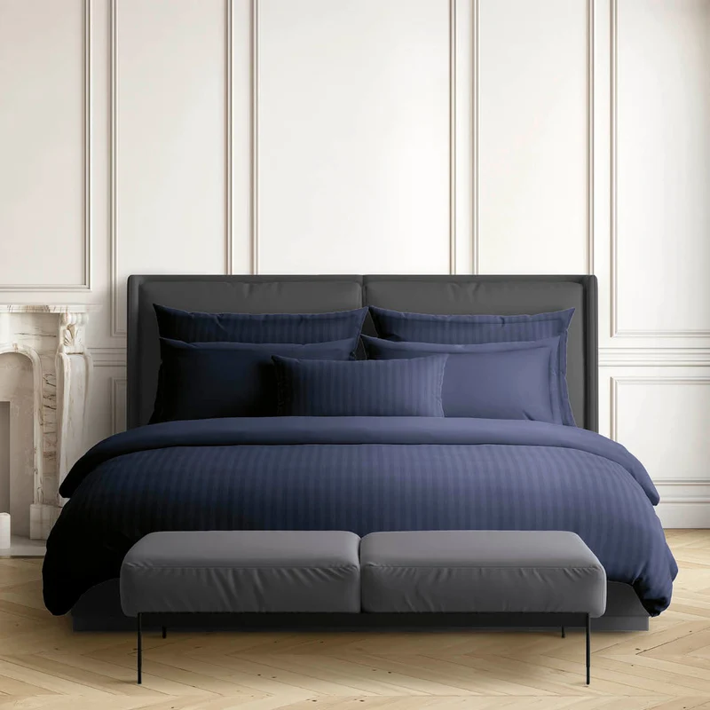 Drap plat satin de coton rayure tissé dobby - Bleu foncé