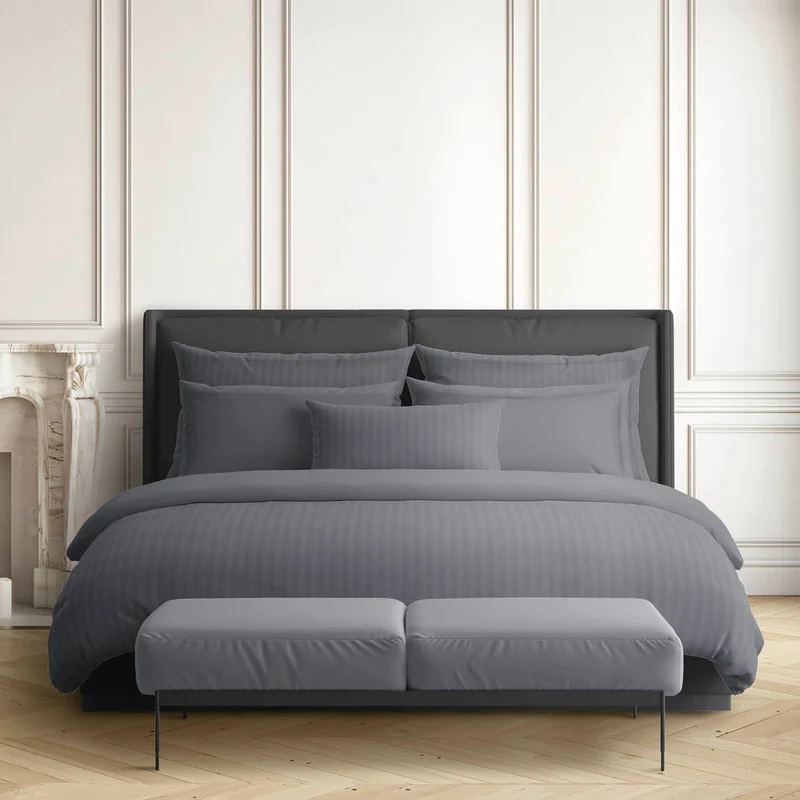 Drap plat satin de coton rayure tissé dobby - Gris foncé