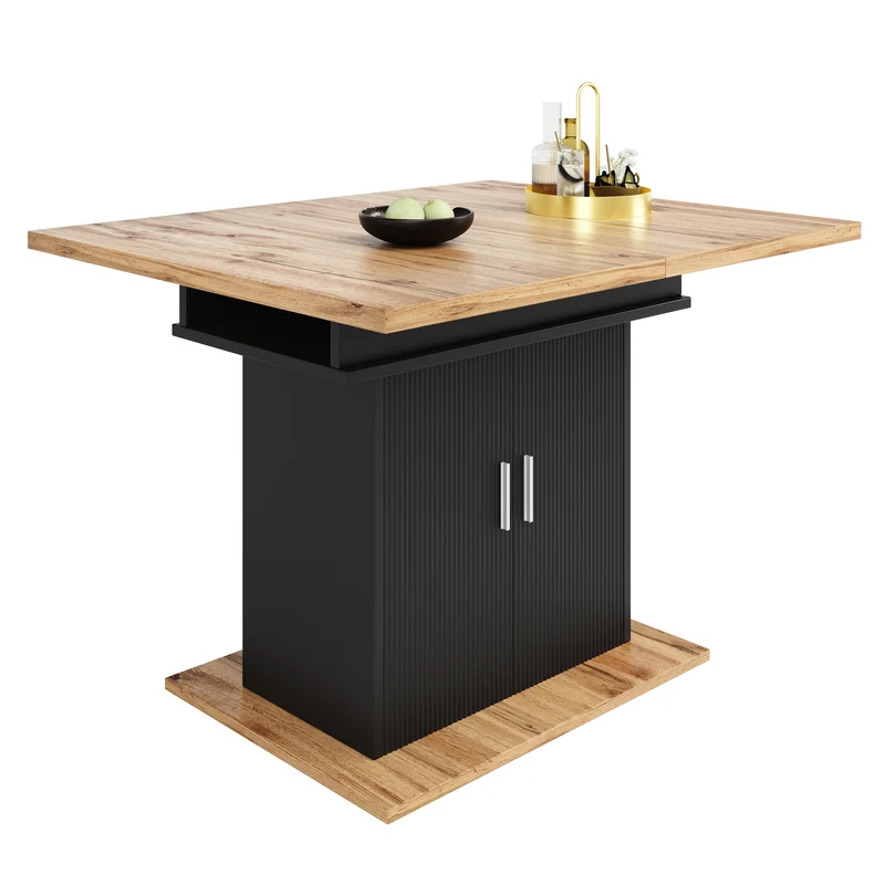 Table à manger télescopique extensible naturel-noir avec 3 niveaux de rangement