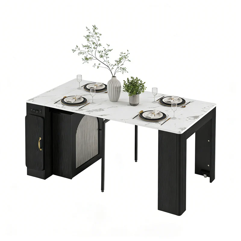 Îlot de cuisine mobile noir et blanc avec plateau extensible et prise électrique intégrée
