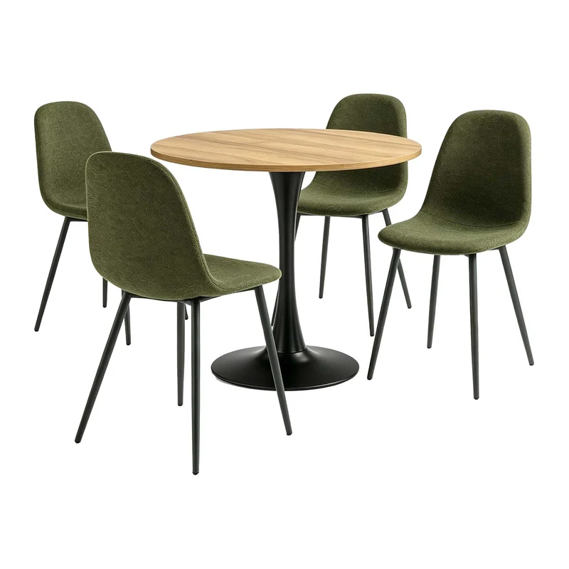 Ensemble de salle à manger de style scandinave comprenant une table ronde en chêne et 4 chaises vert