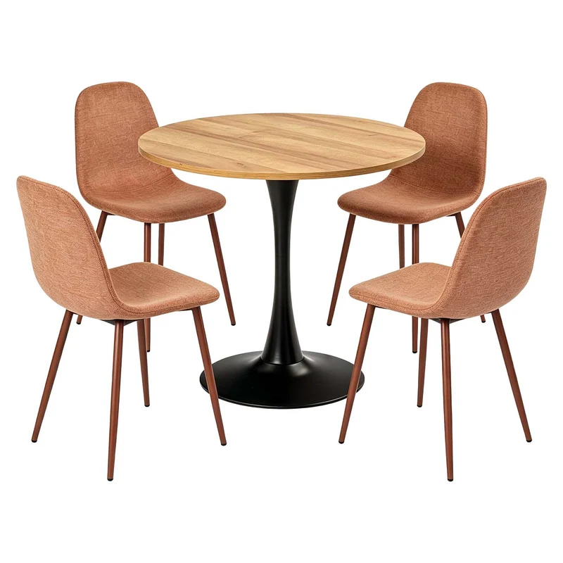 Ensemble de salle à manger de style scandinave comprenant une table ronde en chêne et 4 chaises terracotta