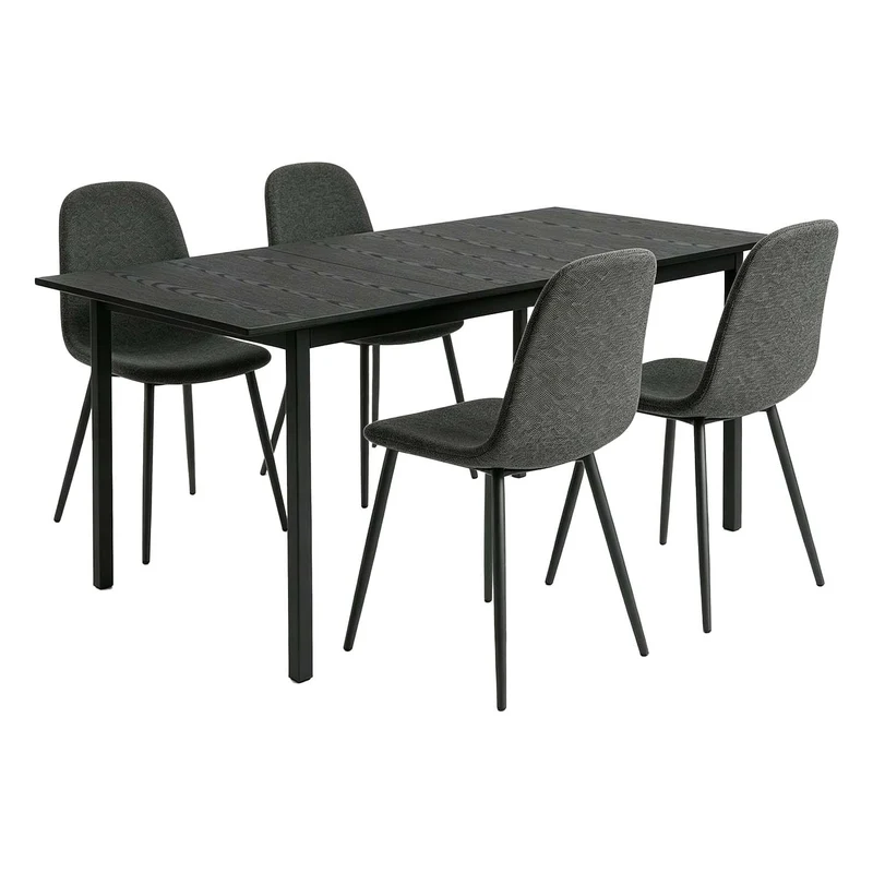 Ensemble table à manger extensible noire et 4 chaises en tissu gris doux, style scandinave