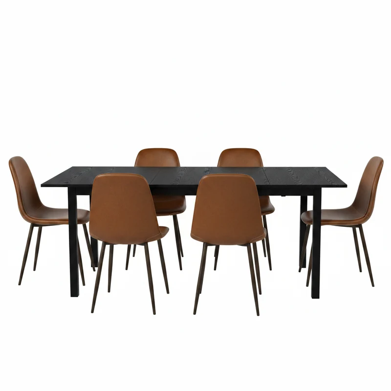 Ensemble table à manger extensible noire avec 6 chaises de salle à manger en PU, style scandinave