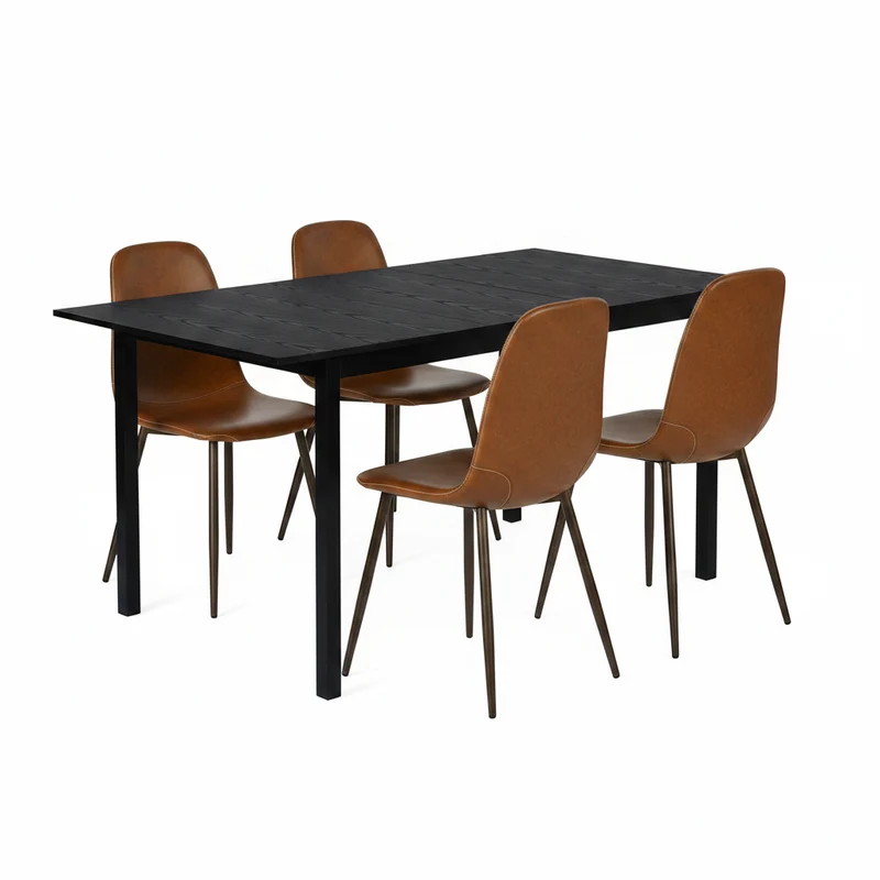 Ensemble table à manger extensible noire avec 4 chaises de salle à manger en PU, style scandinave