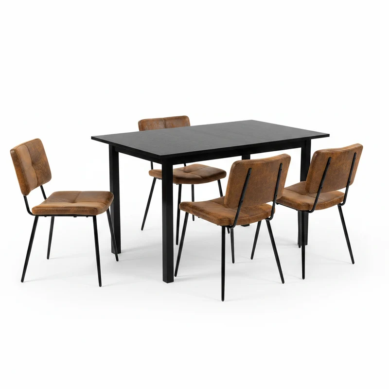 Ensemble table à manger extensible noire et 4 chaises en tissu suédine, style scandinave