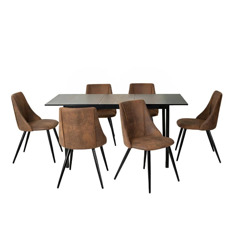 Ensemble table à manger extensible noire avec 6 fauteuils en suédine, style scandinave