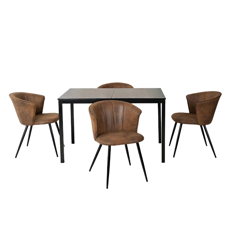 Ensemble table à manger extensible noire avec 4 fauteuils en suédine, style scandinave