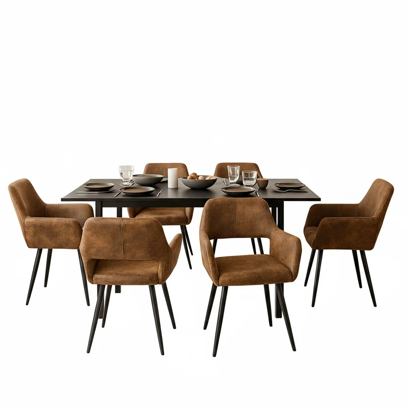 Ensemble table à manger extensible noire avec 6 fauteuils en suédine, style scandinave