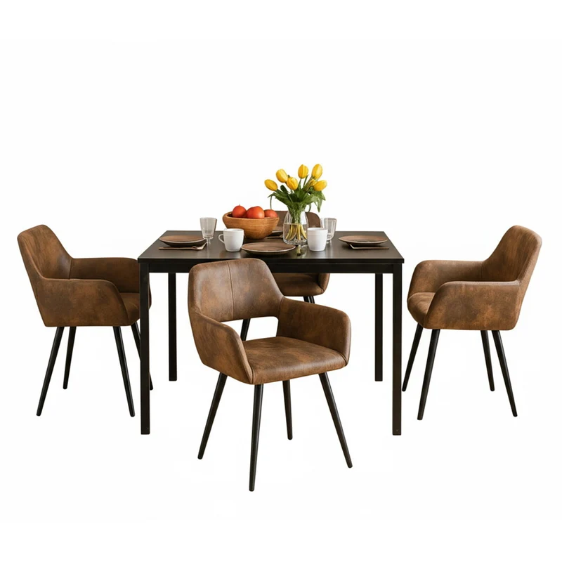 Ensemble table à manger extensible noire avec 4 fauteuils en suédine, style scandinave