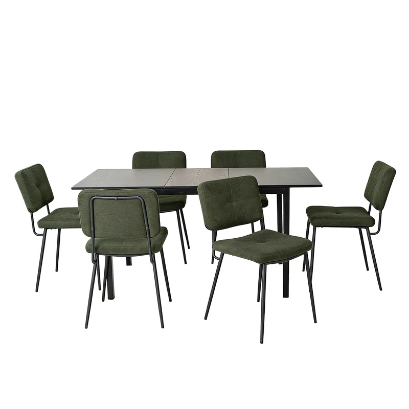 Ensemble table à manger extensible noire et 6 chaises en tissu vert, style scandinave