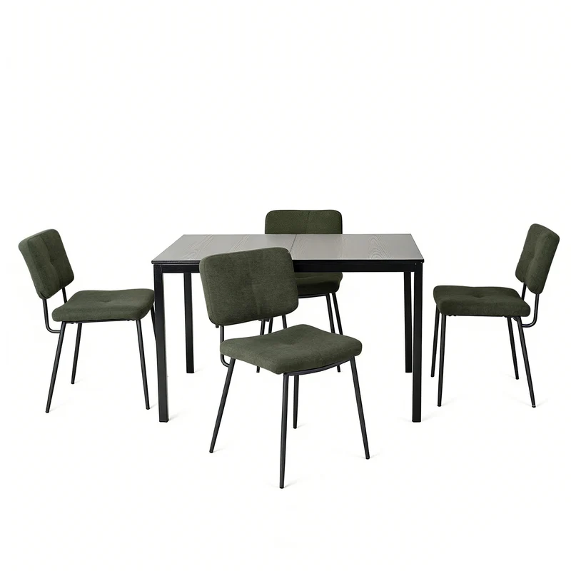 Ensemble table à manger extensible noire et 4 chaises en tissu vert, style scandinave