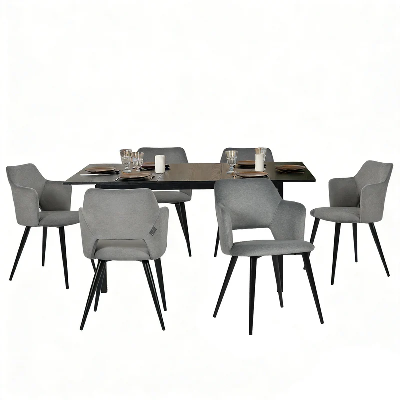 Ensemble table à manger extensible noire et 6 fauteuils en tissu gris de style scandinave