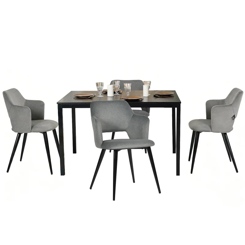 Ensemble table à manger extensible noire et 4 fauteuils en tissu gris de style scandinave