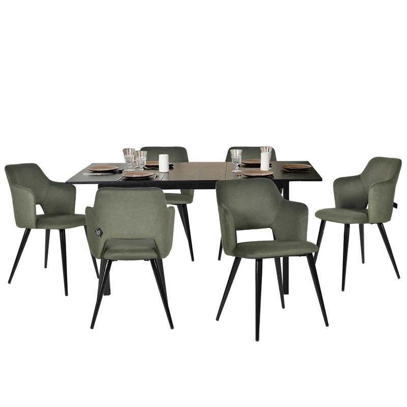 Ensemble table à manger extensible noire et 6 fauteuils en tissu vert de style scandinave
