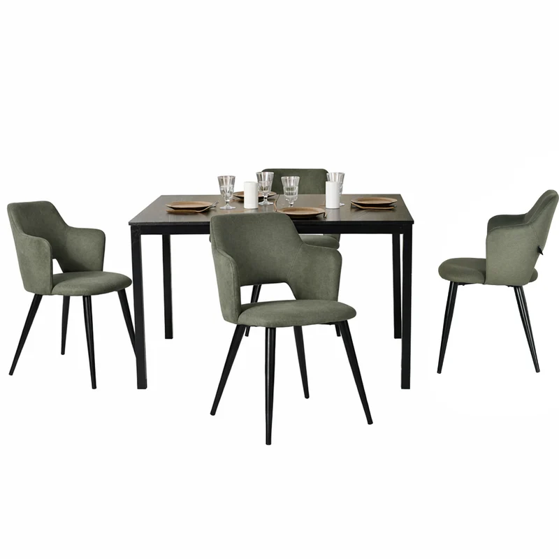 Ensemble table à manger extensible noire et 4 fauteuils en tissu vert de style scandinave