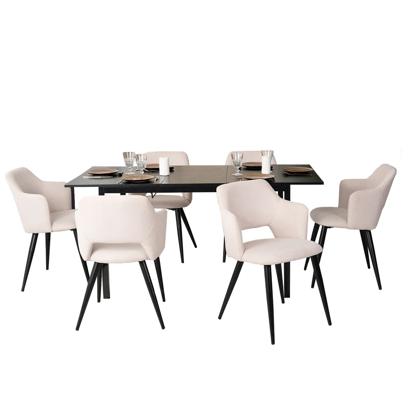 Ensemble table à manger extensible noire et 6 fauteuils en tissu beige de style scandinave