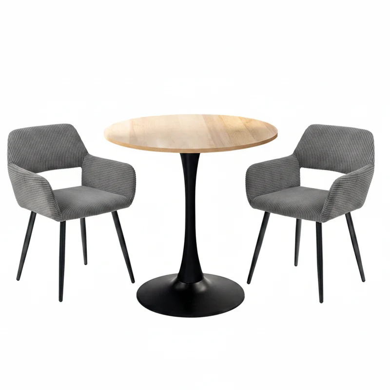 Ensemble de salle à manger de style scandinave comprenant une table ronde en chêne et 2 chaises en velours côtelé gris