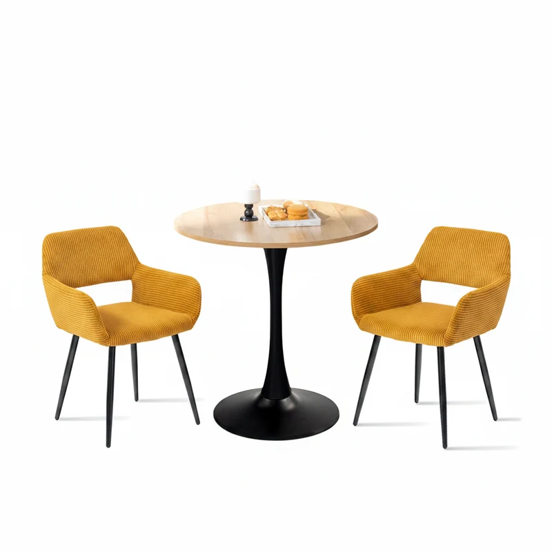 Ensemble de salle à manger de style scandinave comprenant une table ronde en chêne et 2 chaises en velours côtelé jaune