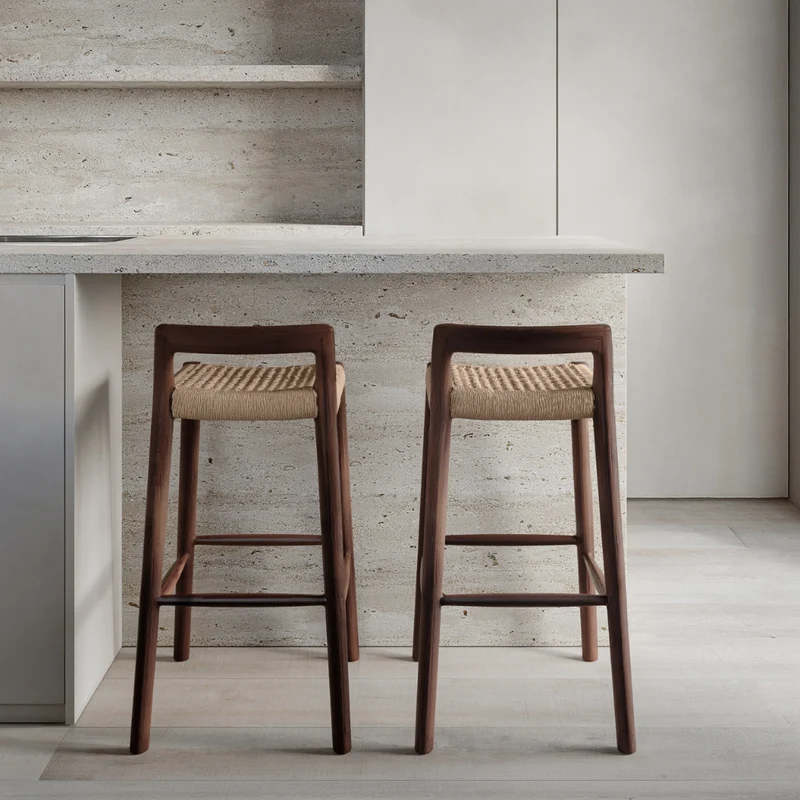 Tabouret Nulla - Hauteur d'assise 65 cm - Acacia noyer - Assise tissée