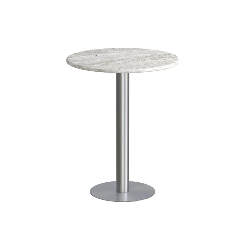 Table haute ronde Erik W60 D60 H75 – Piètement en acier brossé – Plateau de table en travertin blanc