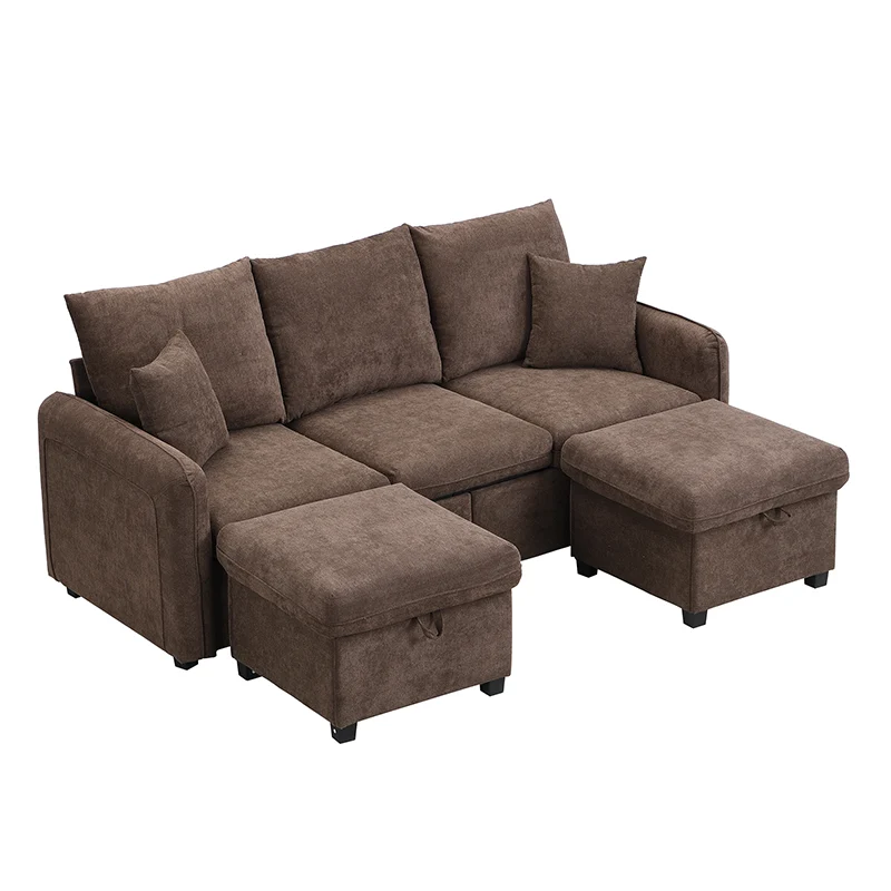 Canapé d'angle 3 places marron en forme de U avec rangement, canapé modulaire multifonction en chenille